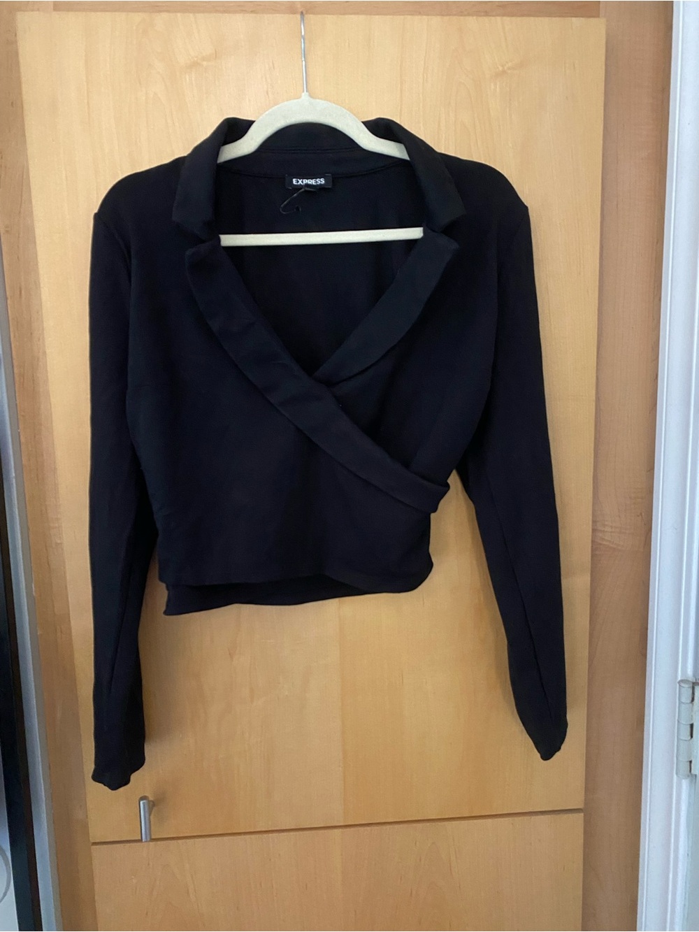 Express Black Collared Lapel Faux Wrap Front Semi Cropped Blazer Blouse Large